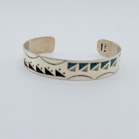 Sterling Silver Turquoise Inlay Cuff Bracelet Signed Ray B - Picture 3 of 6